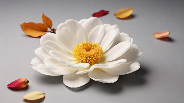Beautiful white flower with petals on grey background, closeup.