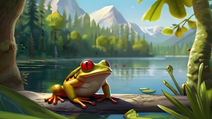 A close-up photo of a bright red frog with bulging eyes sitting on a green log in front of a calm lake. Perfect for amphibian lovers, wildlife photography collections, or springtime designs. - obrazy, fototapety, plakaty
