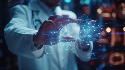 Obraz premium Closeup medical professional hand with glove touching digital innovation hologram touch screen analyze brain symptom or develop health care treatment, futuristic illustration in science technology