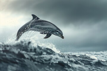 A dolphin leaping out of the water on a cloudy day. Perfect for nature and wildlife themes