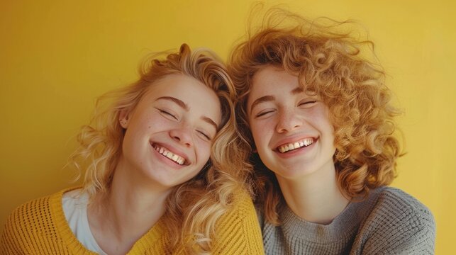Two women smiling and posing for a picture. Ideal for social media or friendship concept