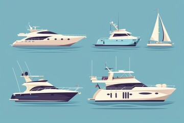 Four different types of boats on a blue background. Ideal for travel and vacation concepts - obrazy, fototapety, plakaty