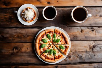 Close-up of a pizza served in a white ceramic plate and cold coffee