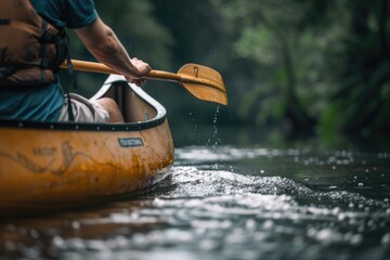 A man paddling a canoe down a river. Suitable for outdoor activities concept - obrazy, fototapety, plakaty