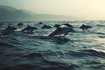 A group of dolphins gracefully swimming in the ocean. Perfect for marine life concepts