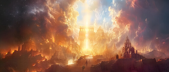 Imaginative depiction of ancient monumental architecture bathed in a celestial light from the sky, suggesting a moment of great significance or discovery
