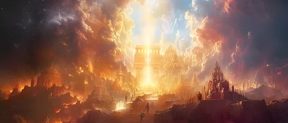 Selbstklebende Fototapeten Imaginative depiction of ancient monumental architecture bathed in a celestial light from the sky, suggesting a moment of great significance or discovery © Reiskuchen