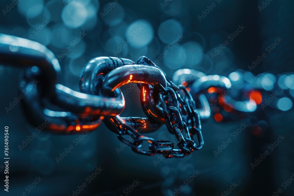 Poster a detailed view of a chain with a red light, suitable for industrial or technology concepts