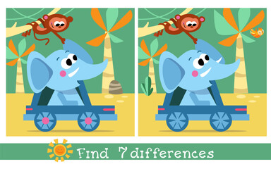 Find 7 differences. Game for children. Elephant and monkey. Hand drawn full color illustration. Vector flat cartoon picture.