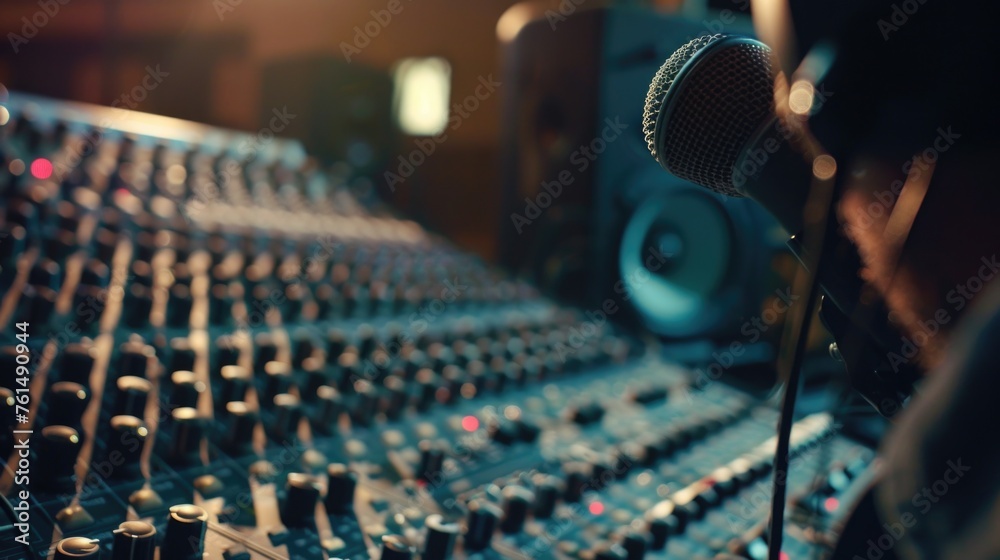 Poster A sound board with a microphone, perfect for audio recording projects