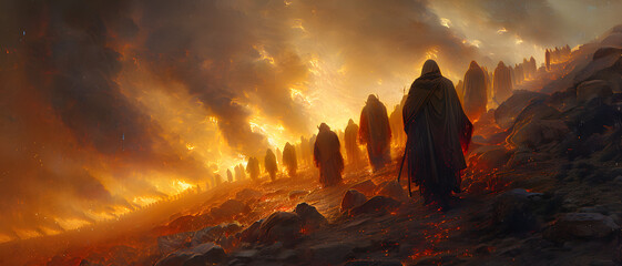 A dramatic apocalyptic scene with cloaked figures gazing at a fiery landscape engulfed in flames