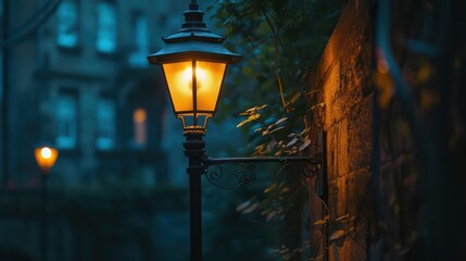 Street lights at night casting a romantic atmosphere, stirring memories and nostalgia, with plenty of space for text.