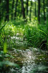 Fototapeta premium Serene stream flowing through vibrant forest, ideal for nature backgrounds