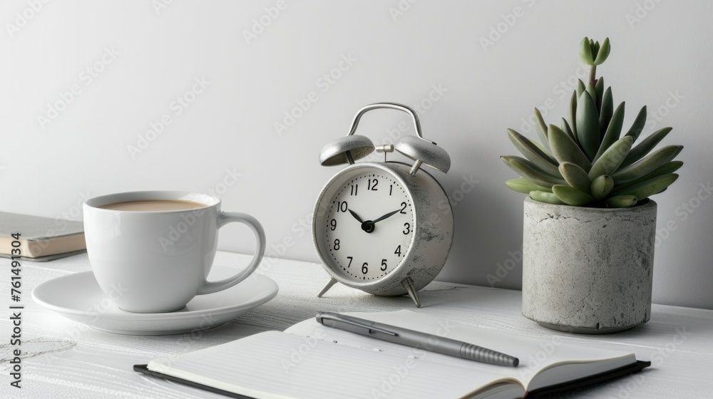 Poster a cup of coffee and an alarm clock on a table, perfect for morning routine concept