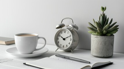 A cup of coffee and an alarm clock on a table, perfect for morning routine concept