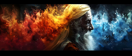 A striking digital portrayal of a man, his face divided by dynamic elements of fire and ice, symbolizing contrast