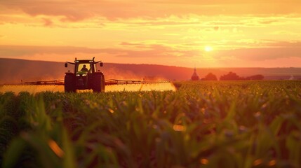 Fototapeta premium A tractor spraying a corn field at sunset. Suitable for agricultural concepts