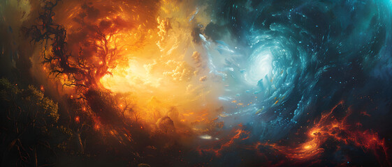 An ethereal scene depicting a cosmic battle between fiery and aquatic elements, symbolizing opposites in the universe - obrazy, fototapety, plakaty