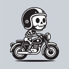 cartoon skeleton wearing helm riding retro motorcycles vector illustration