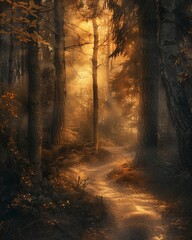A mysterious forest with tall trees, a winding path, and a soft, golden glow