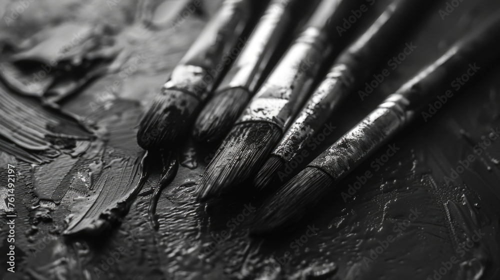 Poster various paint brushes neatly arranged on a table. perfect for art and creativity concepts