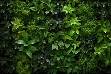 A lush herb wall of dark green living tapestry as a natural background with an array of aromatic herbs cascading down in verdant waves of foliage