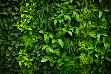 A lush herb wall of dark green living tapestry as a natural background with an array of aromatic herbs cascading down in verdant waves of foliage - obrazy, fototapety, plakaty