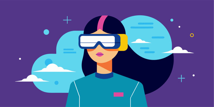 Metaverse graphics. Flat vector illustration and sports elements, girl wearing virtual reality glasses and VR helmet, HD illustration