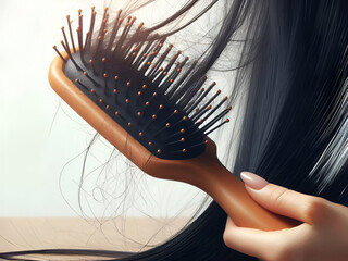 hand holding hairbrush with fall black hair from scalp after brushing  beauty treatment, hair loss problem