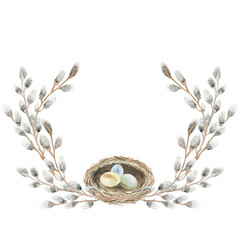 watercolor easter willow and nest with eggs png