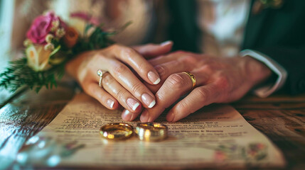 In a tender moment captured at the table, the hands of a man and a woman rest atop a marriage contract, wedding rings intertwined, signifying the promise of eternal love and commit - obrazy, fototapety, plakaty