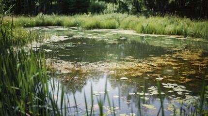 A picturesque pond surrounded by tall grass. Suitable for nature and landscape themes