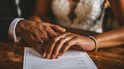 Seated together, the hands of a man and a woman tenderly clasp one another over a marriage contract, where gleaming wedding rings lie intertwined, symbolizing the deep bond of love - obrazy, fototapety, plakaty