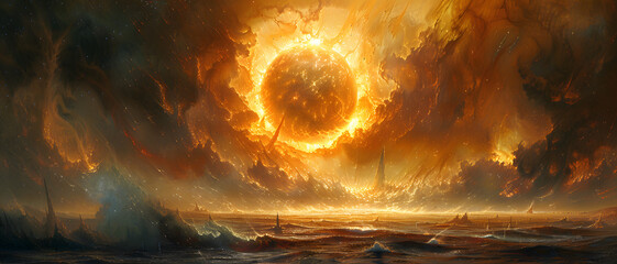 An epic seascape where the ocean appears to be ablaze under a spectacular solar event - obrazy, fototapety, plakaty