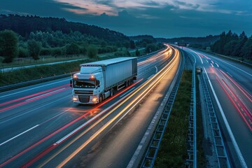 A semi truck driving on a highway at dusk. Suitable for transportation and travel concepts