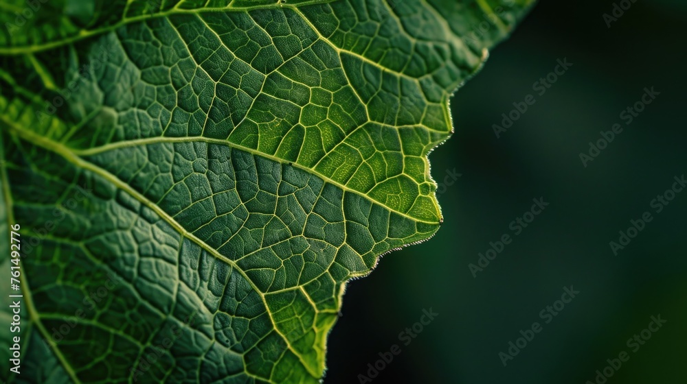 Poster close up of a green leaf on a dark background. ideal for nature or environmental concepts