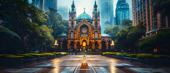 A stark contrast between a gothic cathedral set against the modernity of a cityscape, highlighting timeless architecture