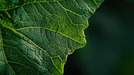 Close up of a green leaf on a dark background. Ideal for nature or environmental concepts - obrazy, fototapety, plakaty