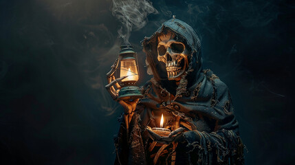 
um esqueleto vestido com um casaco longo e um capuz na cabeça segura uma lâmpada de querosene acesa na mão, fundo escuro - obrazy, fototapety, plakaty