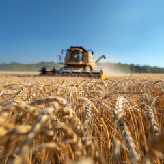 Wheat field and blurred combine harvester in a distance. Harvesting concept - 761492908