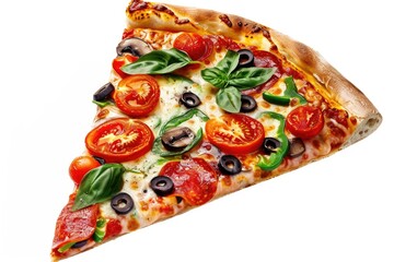 Delicious pizza slice with tomatoes, olives, and basil. Perfect for food blogs and restaurant menus