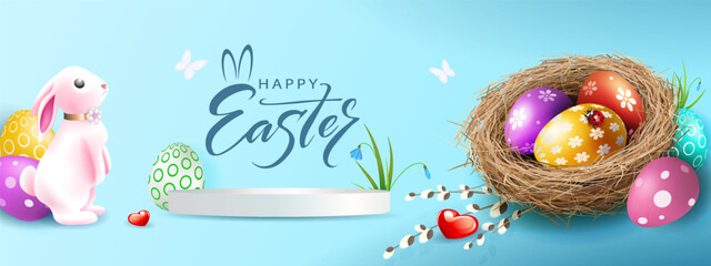 Easter card with a cute bunny and eggs in a nest on a blue background.