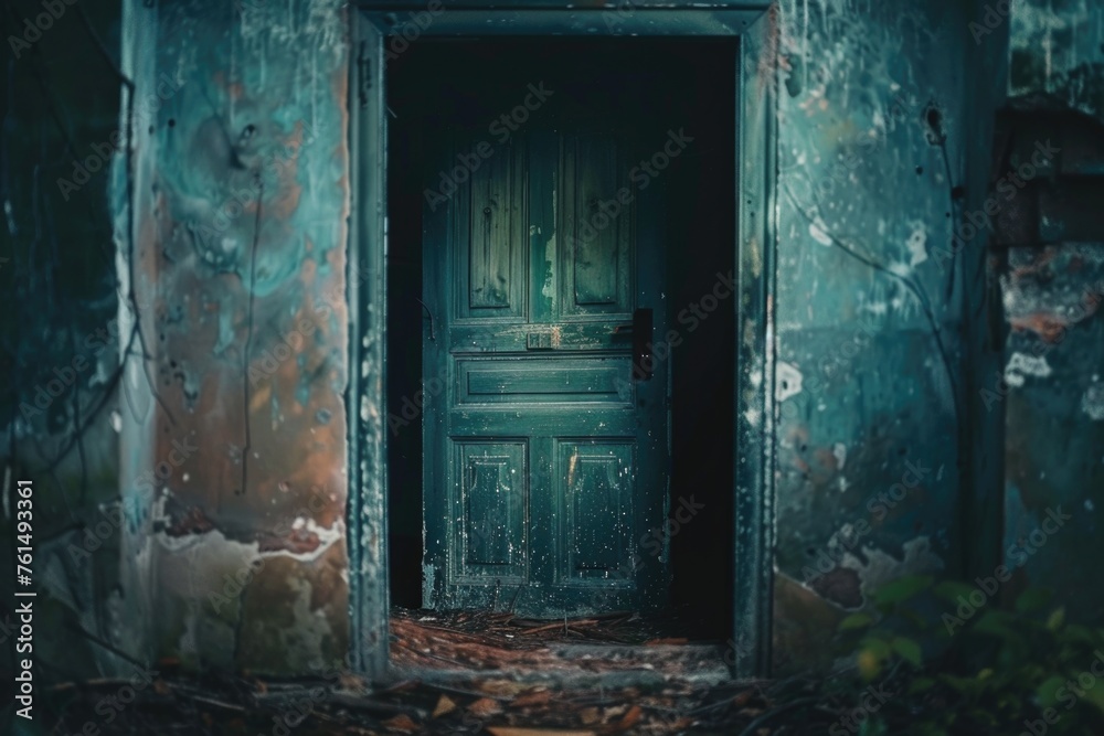 Poster an open door in a dilapidated building. suitable for urban exploration themes