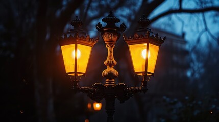 Street lights at night casting a romantic atmosphere, stirring memories and nostalgia, with plenty of space for text.