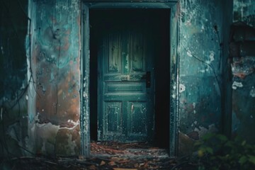An open door in a dilapidated building. Suitable for urban exploration themes