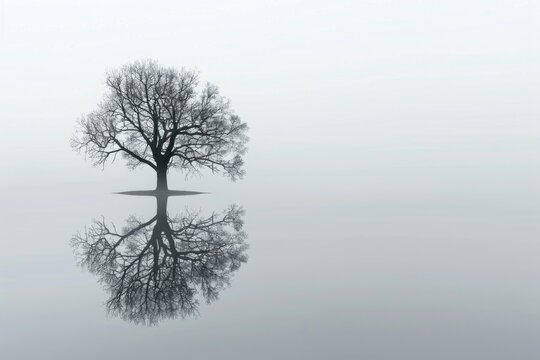 A serene image of a single tree reflecting in calm waters. Suitable for nature-themed designs