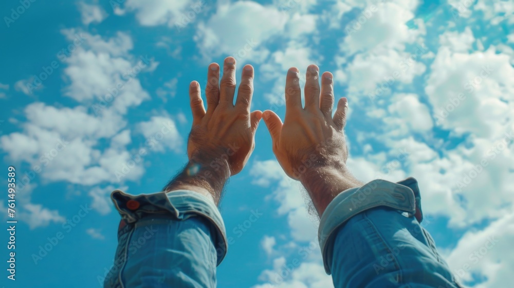 Poster a person reaching up into the sky, suitable for motivational and inspirational concepts