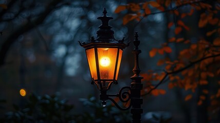 The glow of street lights at night setting a romantic mood, invoking memories and nostalgia, with ample space for text.