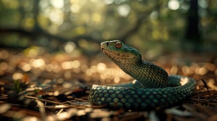 Fototapeta premium green snake warming in the sun on the forest ground .