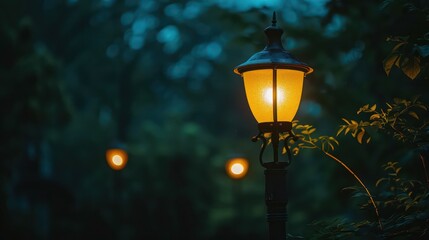 Street lights at night creating a romantic atmosphere, evoking memories and nostalgia, with ample copy space - obrazy, fototapety, plakaty